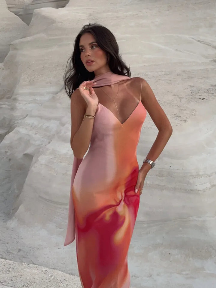 Fayah | Abito Maxi in Raso Ombré con Schiena Scoperta