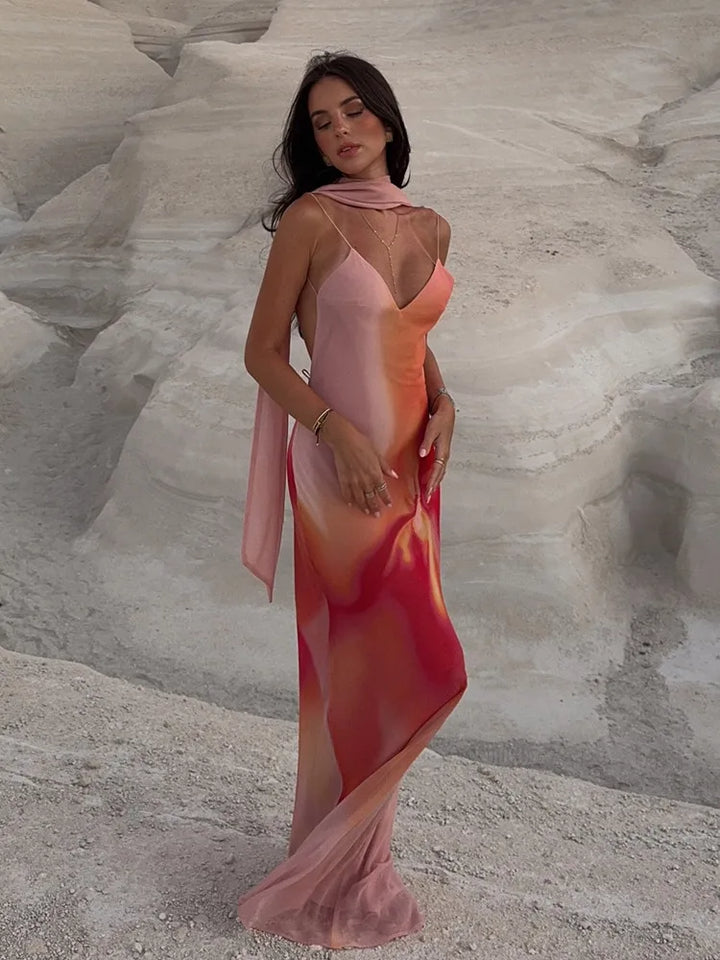 Fayah | Abito Maxi in Raso Ombré con Schiena Scoperta