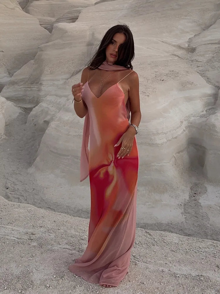 Fayah | Abito Maxi in Raso Ombré con Schiena Scoperta