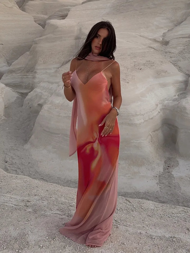 Fayah | Abito Maxi in Raso Ombré con Schiena Scoperta