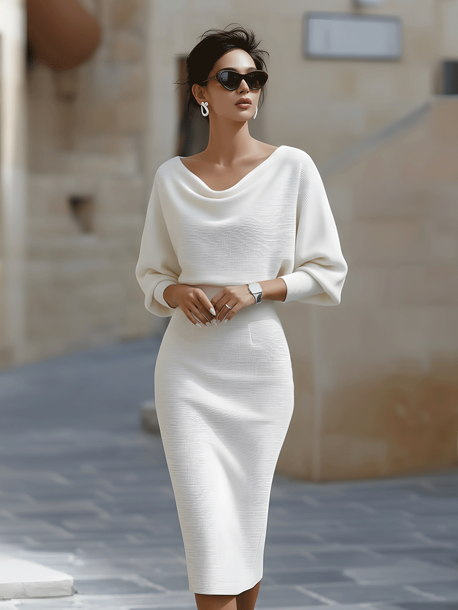 Olivia | Bianco Draped Batwing Midi Abito