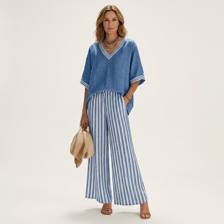 Juliana | Scollo a V Varsity Top & Stripe Gamba Larga Completo