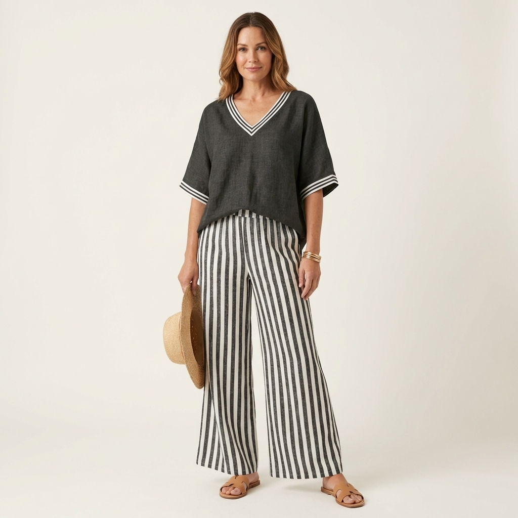 Juliana | Scollo a V Varsity Top & Stripe Gamba Larga Completo
