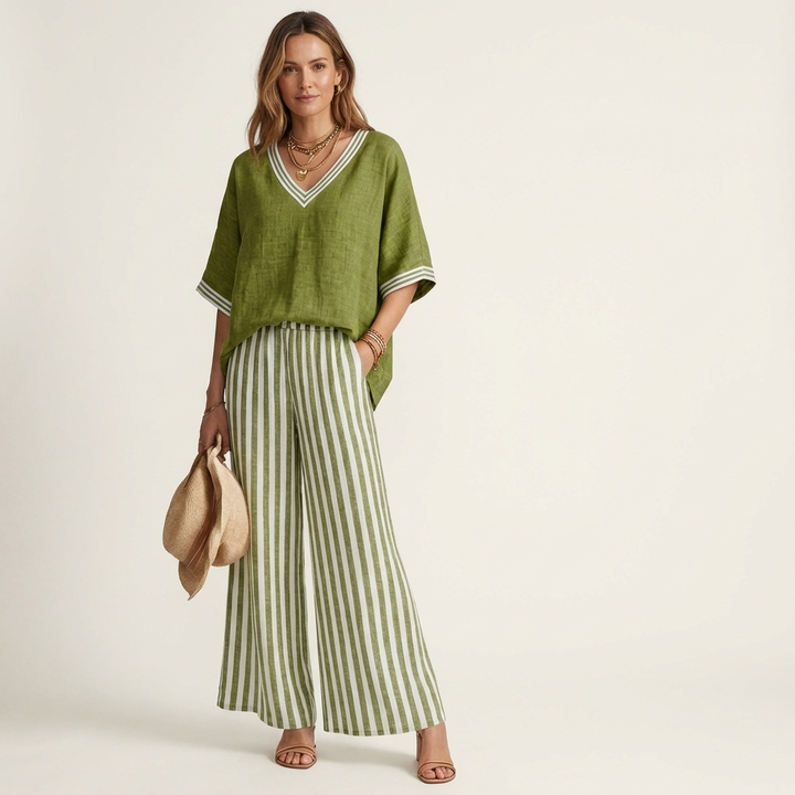 Juliana | Scollo a V Varsity Top & Stripe Gamba Larga Completo