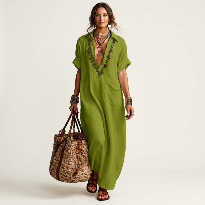 Amarina | Embroidered Scollo a V Collar Lino Maxi Abito