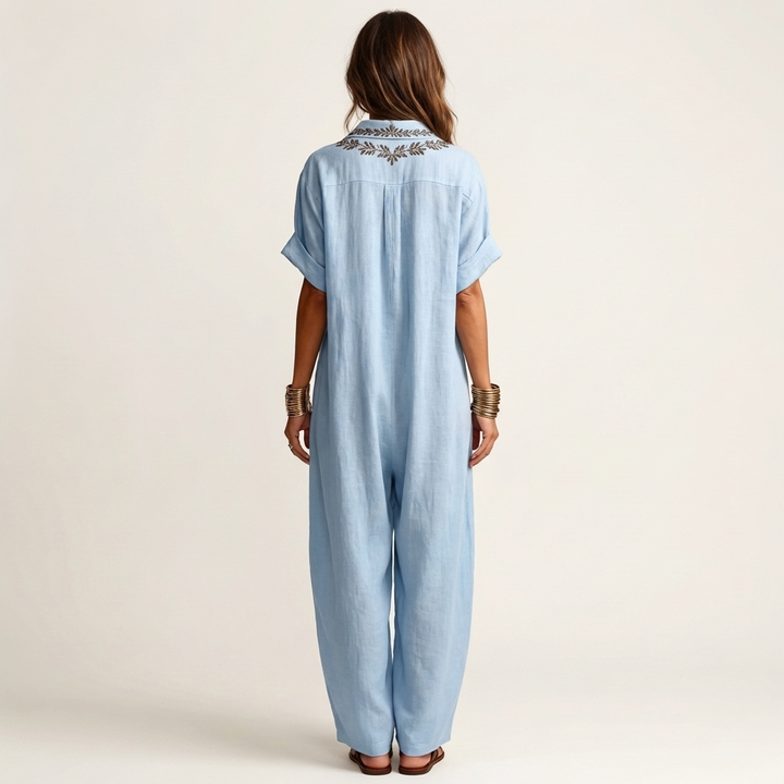 Amarina | Embroidered Scollo a V Collar Lino Maxi Abito