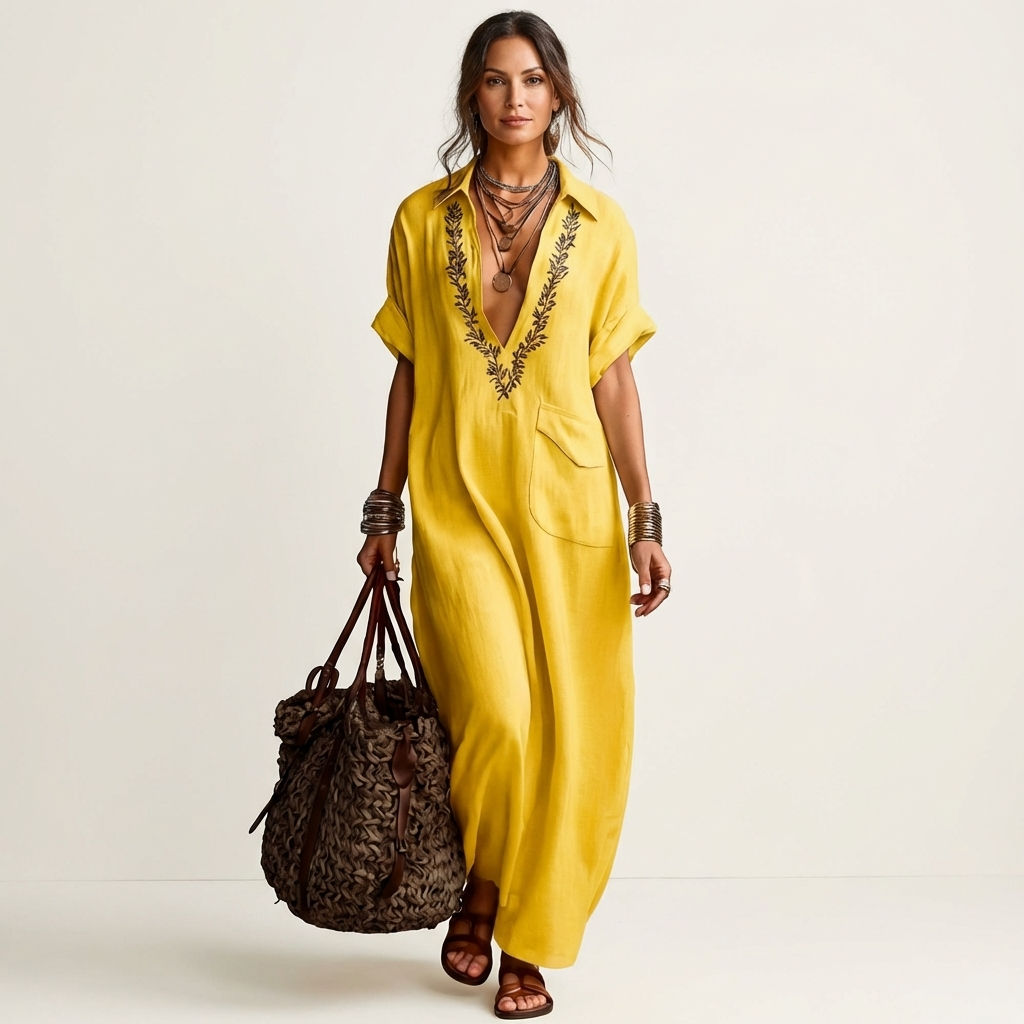 Amarina | Embroidered Scollo a V Collar Lino Maxi Abito