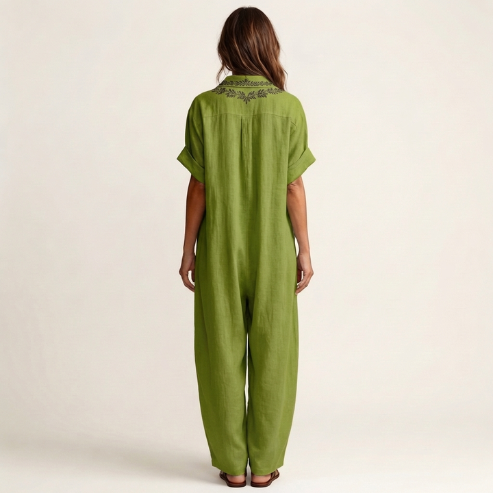 Amarina | Embroidered Scollo a V Collar Lino Maxi Abito
