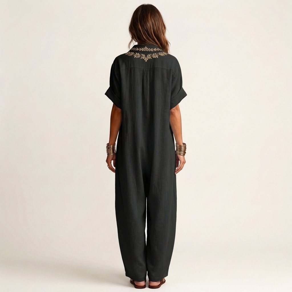 Amarina | Embroidered Scollo a V Collar Lino Maxi Abito