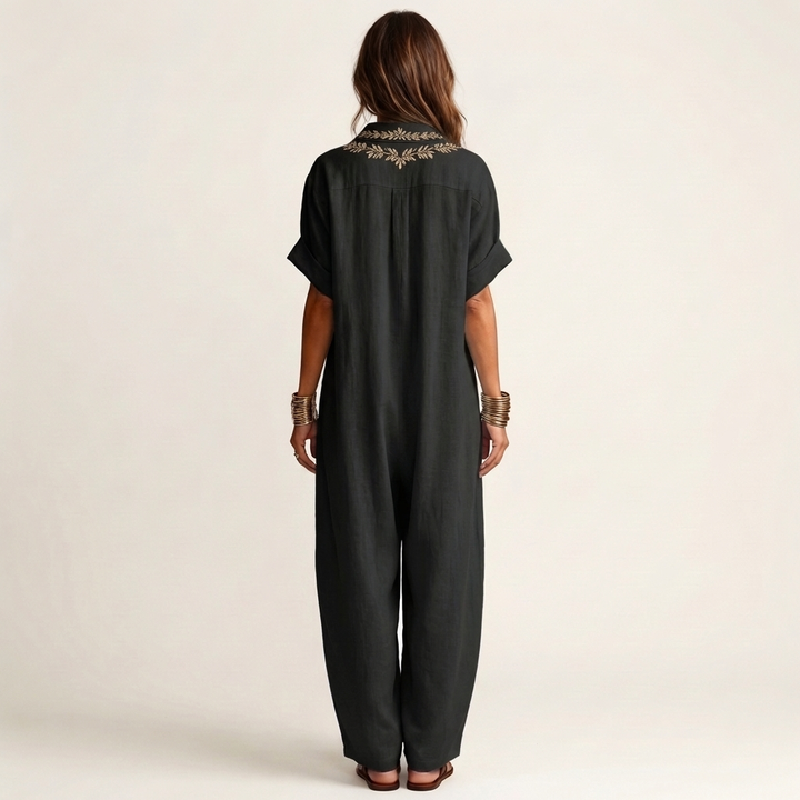 Amarina | Embroidered Scollo a V Collar Lino Maxi Abito