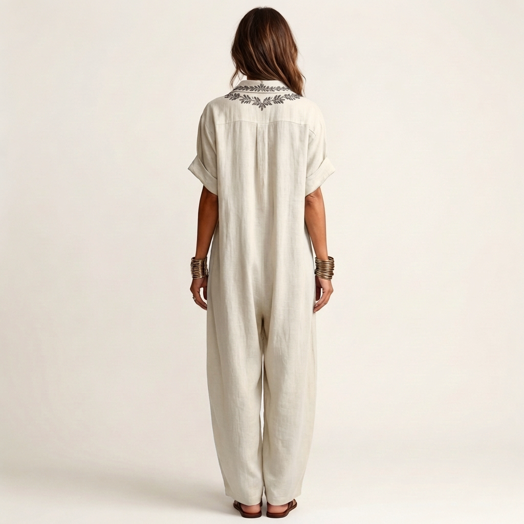 Amarina | Embroidered Scollo a V Collar Lino Maxi Abito