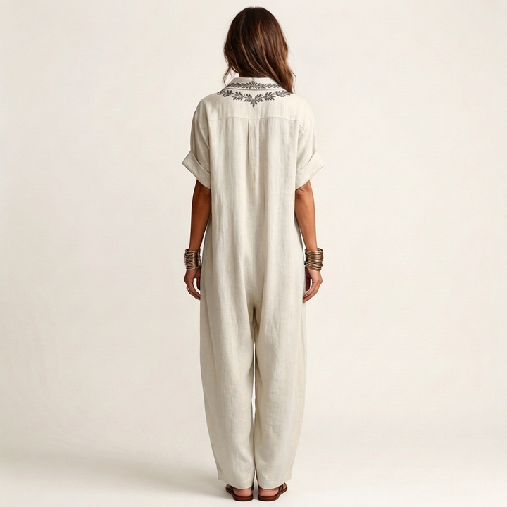 Amarina | Embroidered Scollo a V Collar Lino Maxi Abito