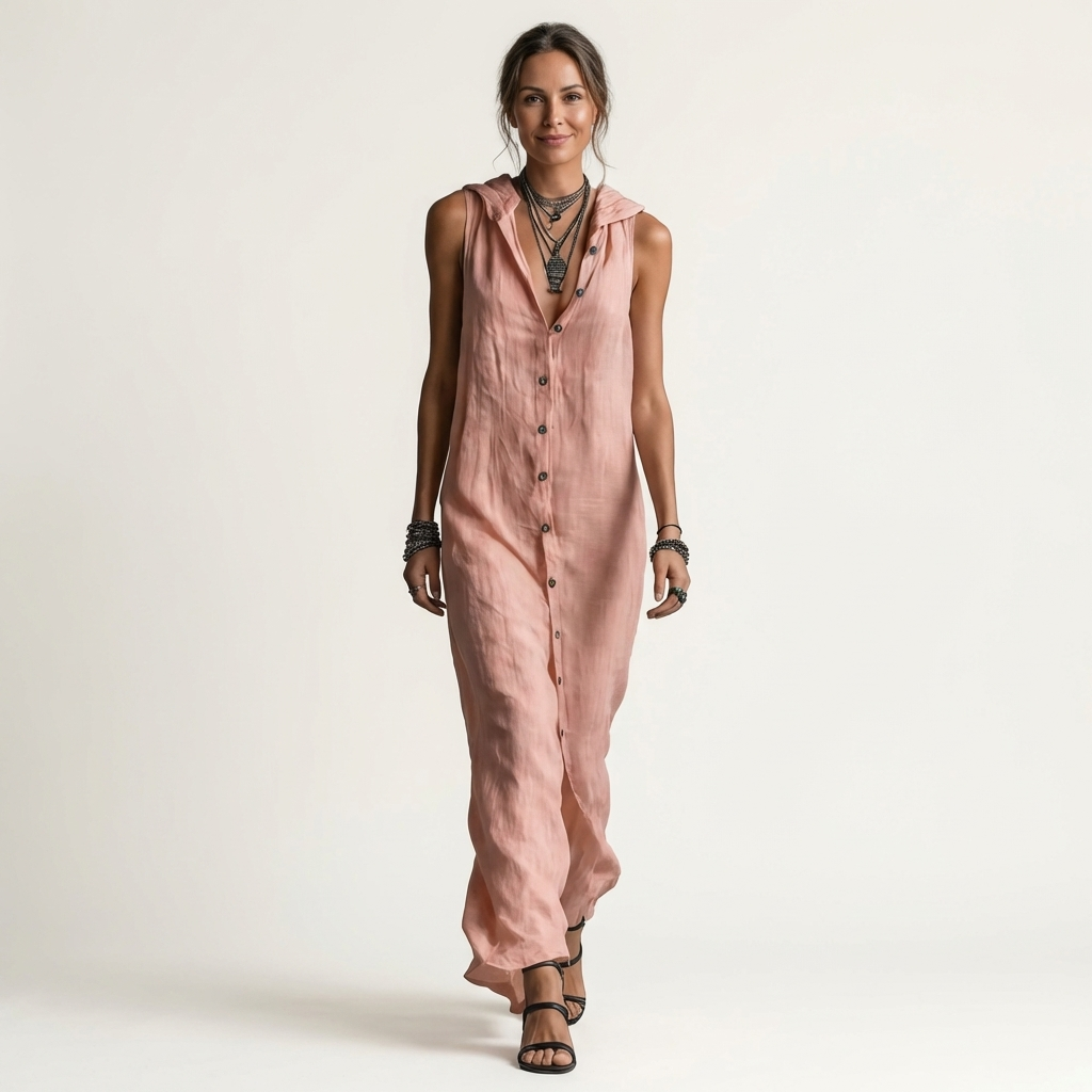Mirabell | Hooded Button-Front Senza Maniche Maxi Abito
