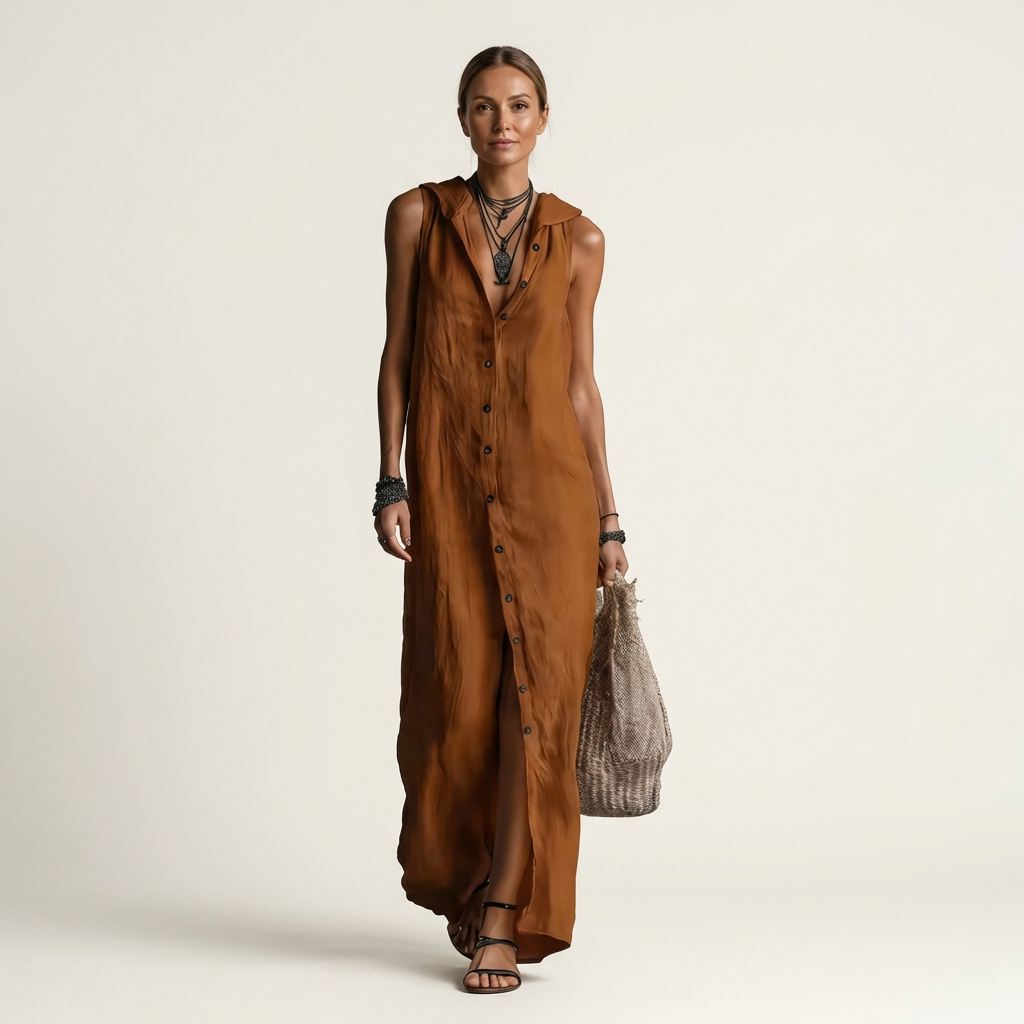Mirabell | Hooded Button-Front Senza Maniche Maxi Abito