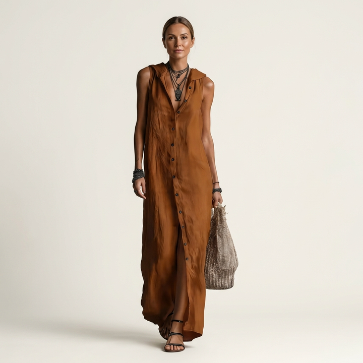 Mirabell | Hooded Button-Front Senza Maniche Maxi Abito