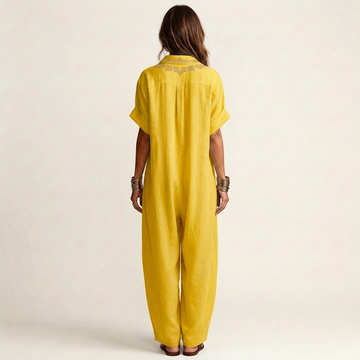 Amarina | Embroidered Scollo a V Collar Lino Maxi Abito