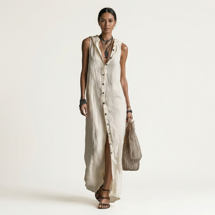 Mirabell | Hooded Button-Front Senza Maniche Maxi Abito