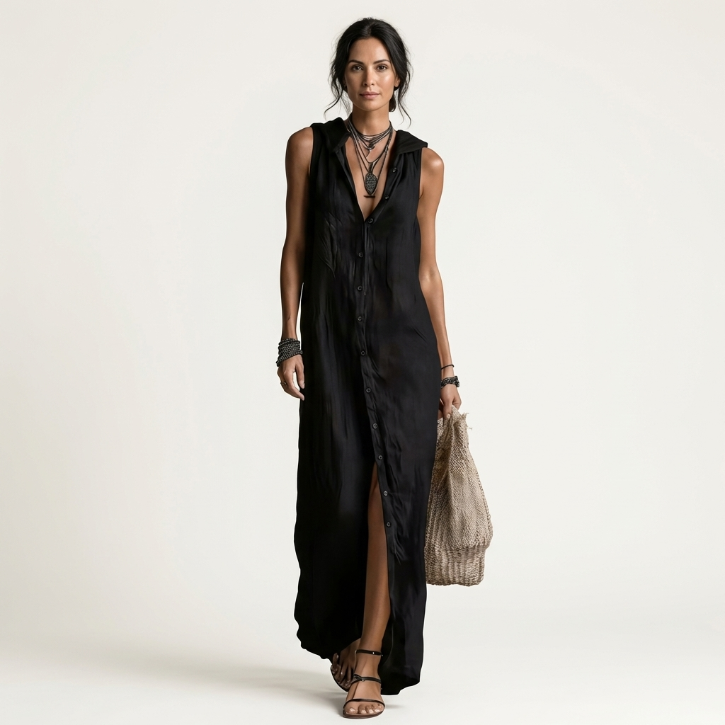 Mirabell | Hooded Button-Front Senza Maniche Maxi Abito
