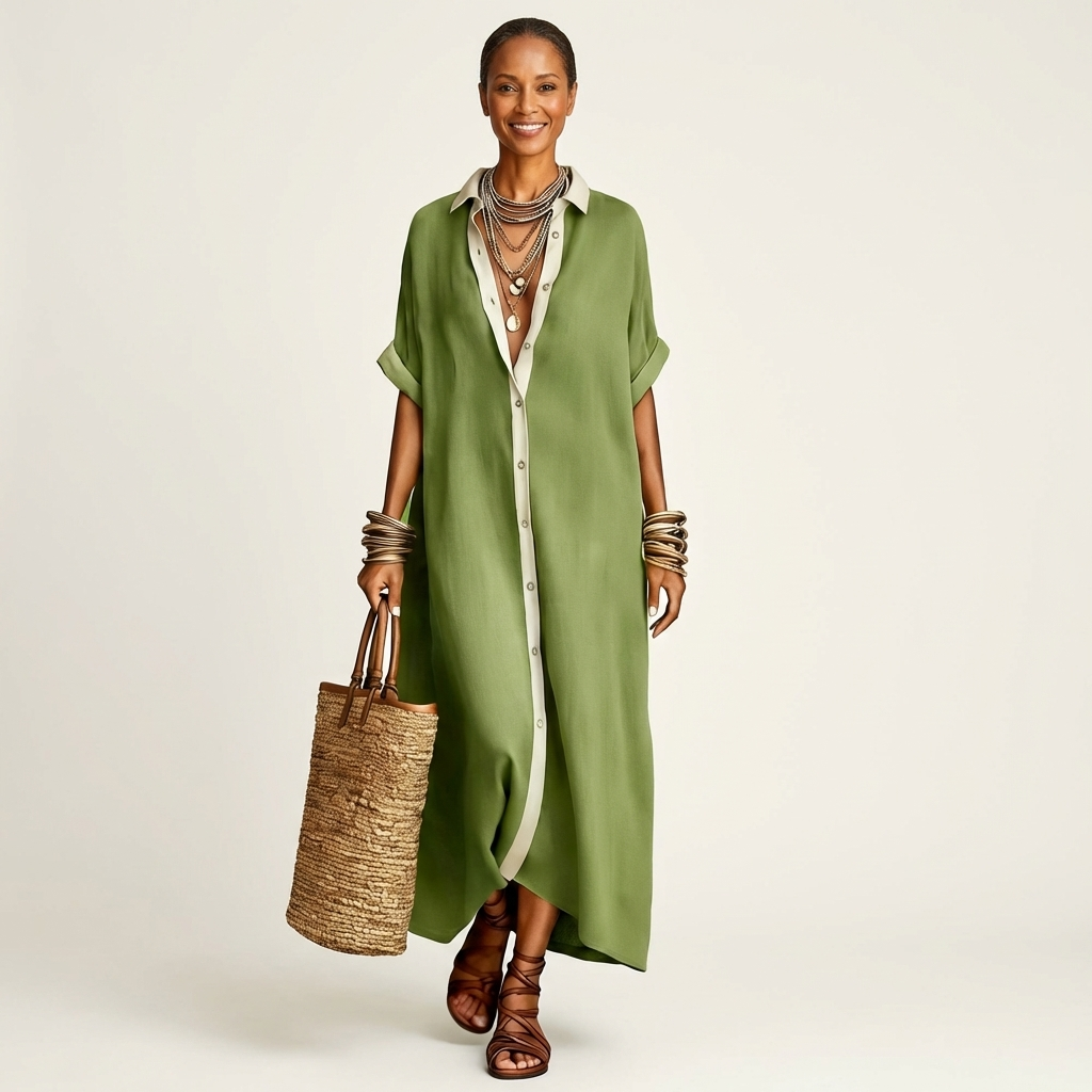 Kamira | Contrast-Collar Button-Front Manica Corta Maxi Camicia Abito