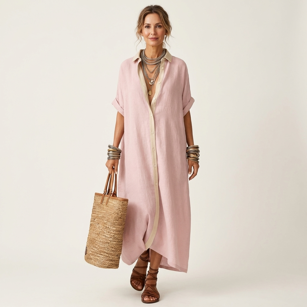 Kamira | Contrast-Collar Button-Front Manica Corta Maxi Camicia Abito