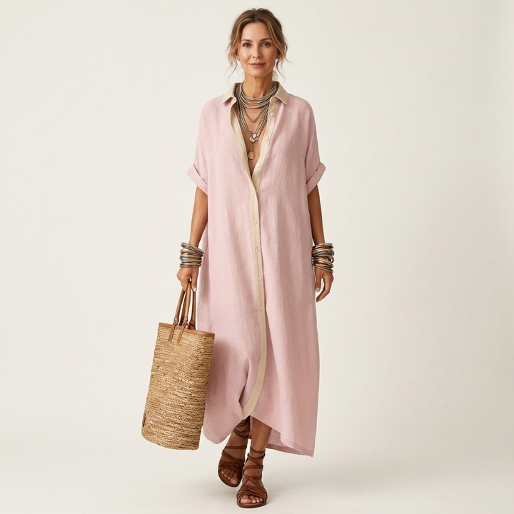 Kamira | Contrast-Collar Button-Front Manica Corta Maxi Camicia Abito