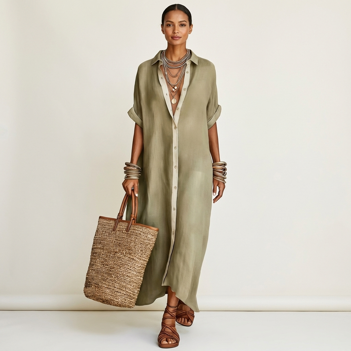 Kamira | Contrast-Collar Button-Front Manica Corta Maxi Camicia Abito