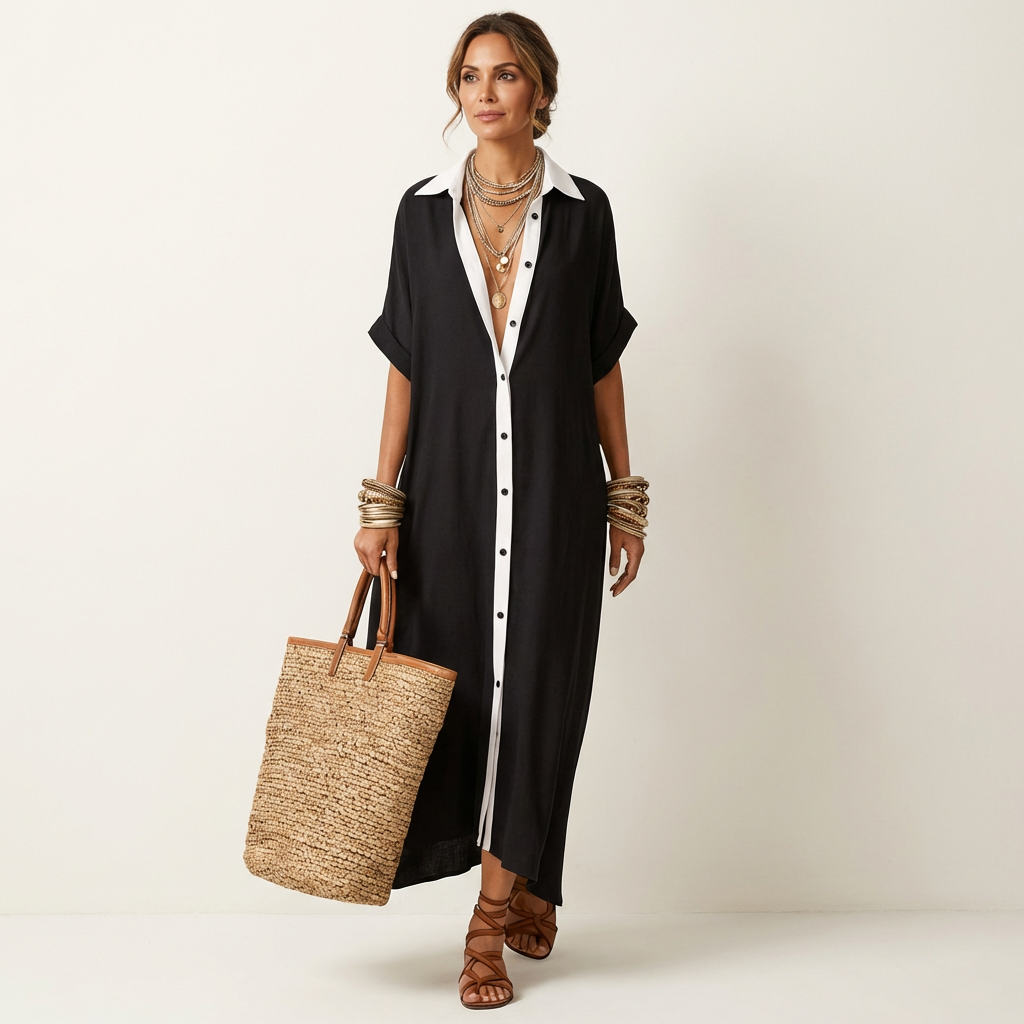 Kamira | Contrast-Collar Button-Front Manica Corta Maxi Camicia Abito