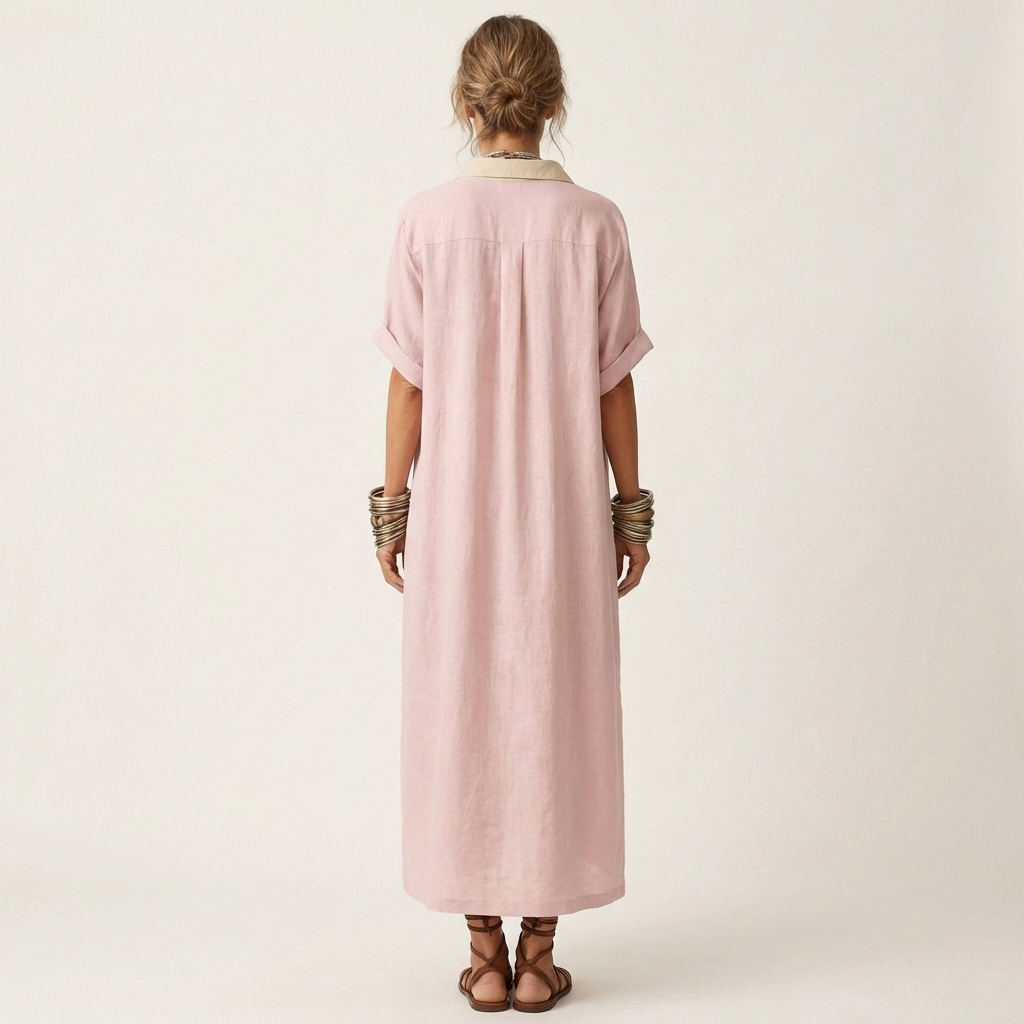 Kamira | Contrast-Collar Button-Front Manica Corta Maxi Camicia Abito