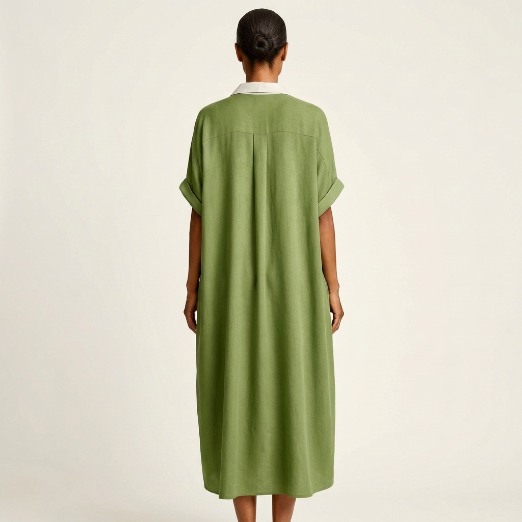 Kamira | Contrast-Collar Button-Front Manica Corta Maxi Camicia Abito