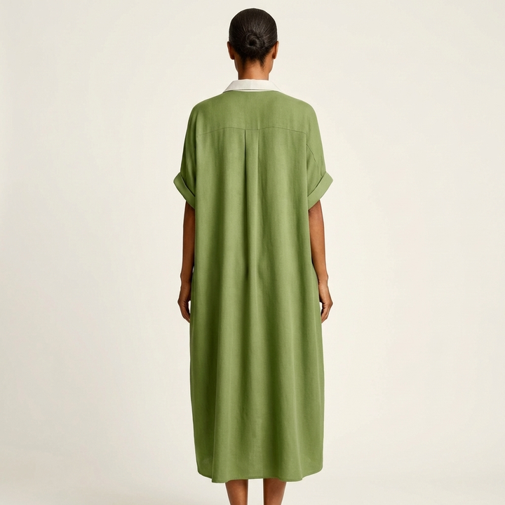 Kamira | Contrast-Collar Button-Front Manica Corta Maxi Camicia Abito