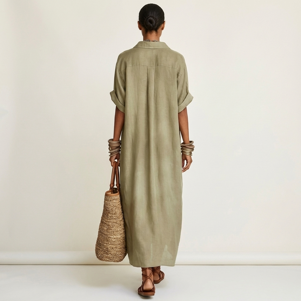 Kamira | Contrast-Collar Button-Front Manica Corta Maxi Camicia Abito