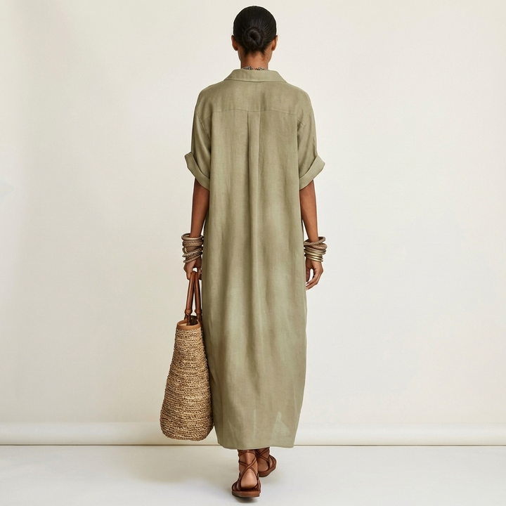 Kamira | Contrast-Collar Button-Front Manica Corta Maxi Camicia Abito