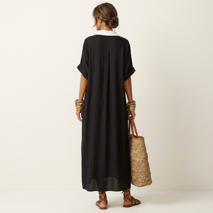 Kamira | Contrast-Collar Button-Front Manica Corta Maxi Camicia Abito