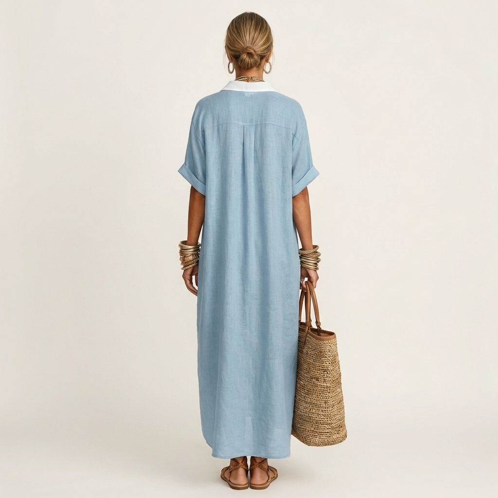 Kamira | Contrast-Collar Button-Front Manica Corta Maxi Camicia Abito