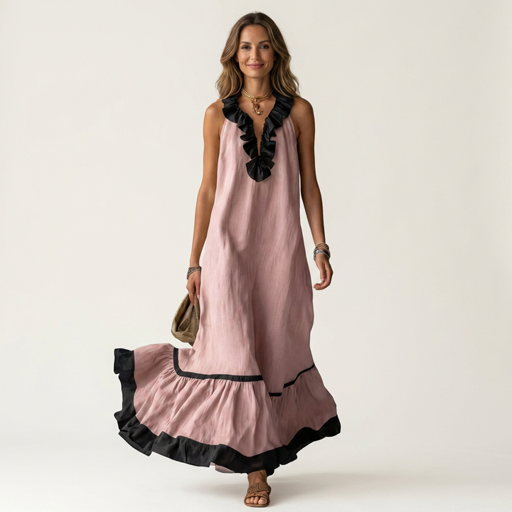 Mayline | Senza Maniche Ruffle-Neck Contrast-Trim Maxi Abito