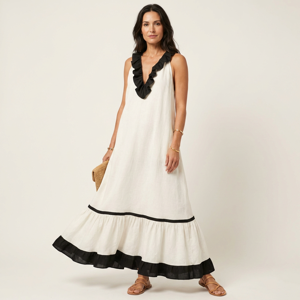 Mayline | Senza Maniche Ruffle-Neck Contrast-Trim Maxi Abito