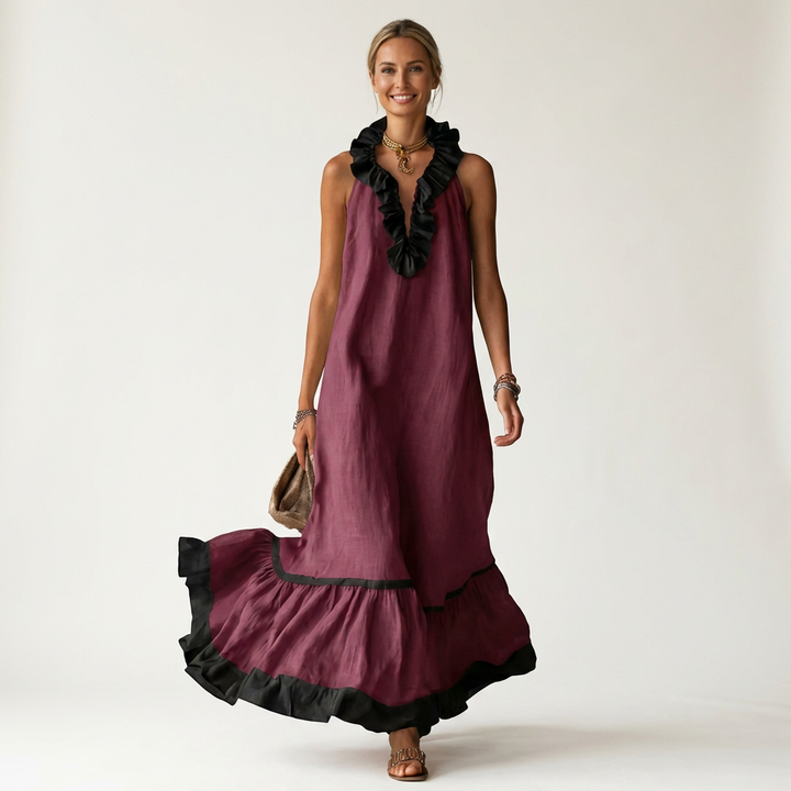 Mayline | Senza Maniche Ruffle-Neck Contrast-Trim Maxi Abito