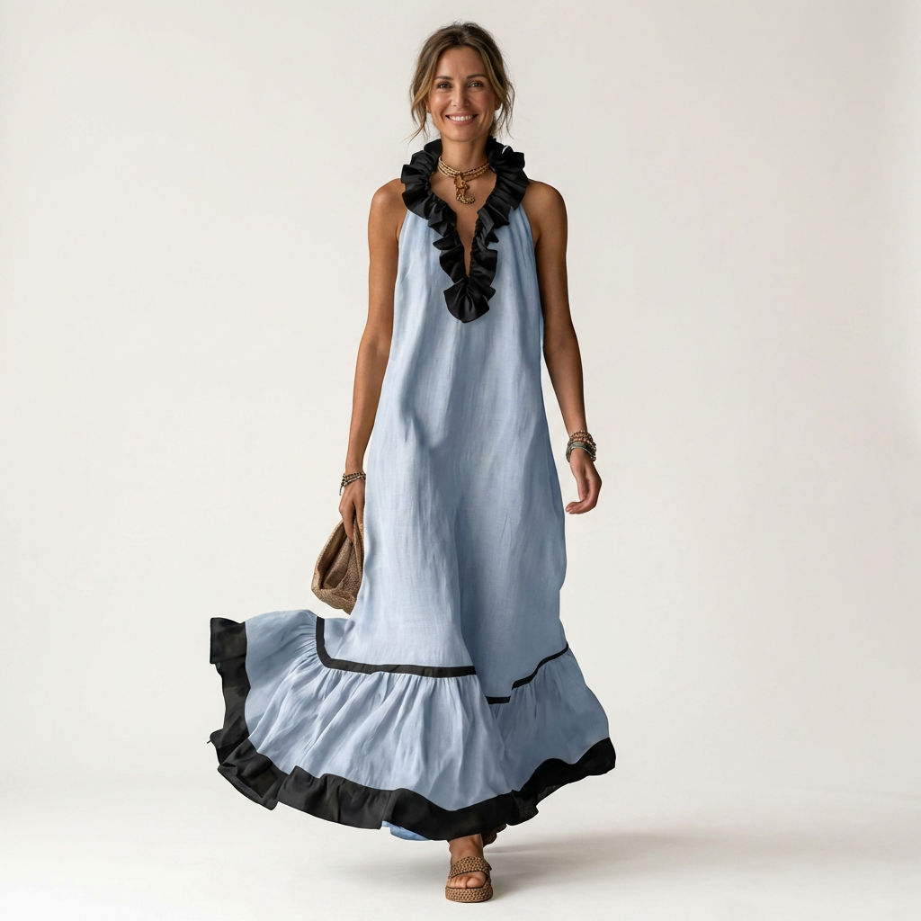 Mayline | Senza Maniche Ruffle-Neck Contrast-Trim Maxi Abito