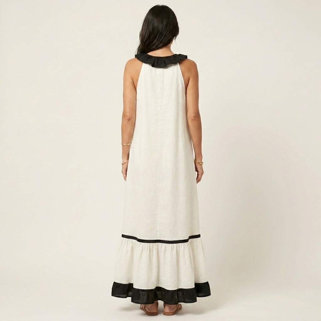 Mayline | Senza Maniche Ruffle-Neck Contrast-Trim Maxi Abito