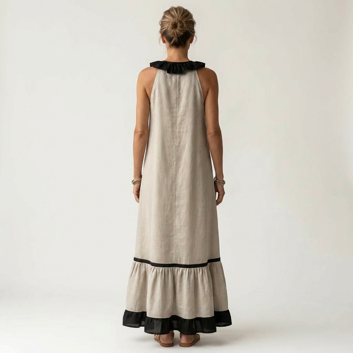 Mayline | Senza Maniche Ruffle-Neck Contrast-Trim Maxi Abito