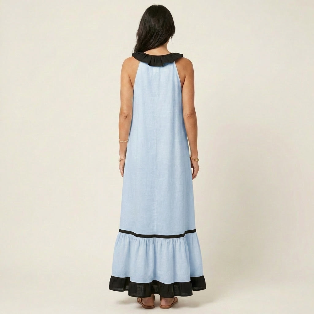 Milena | Maxi Abito Senza Maniche con Scollo a Balze e Bordi a Contrasto
