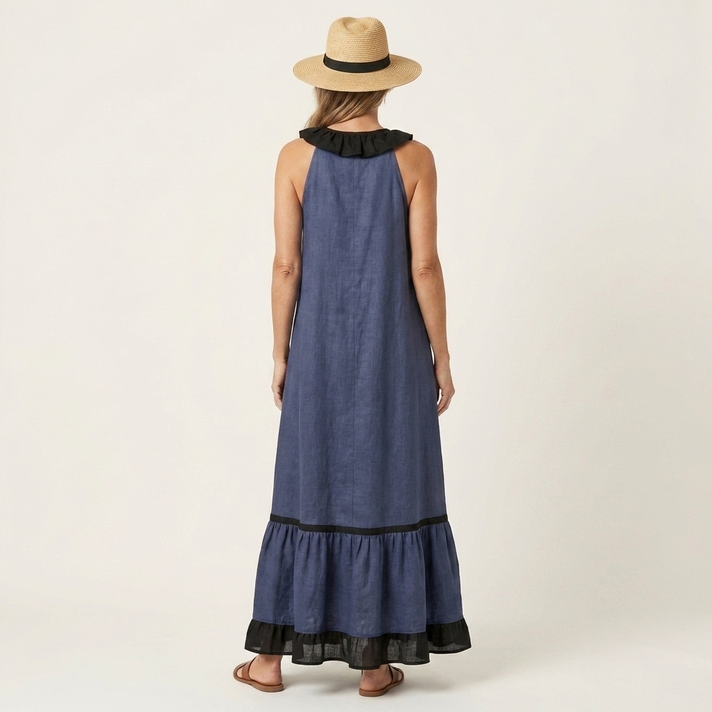 Mayline | Senza Maniche Ruffle-Neck Contrast-Trim Maxi Abito