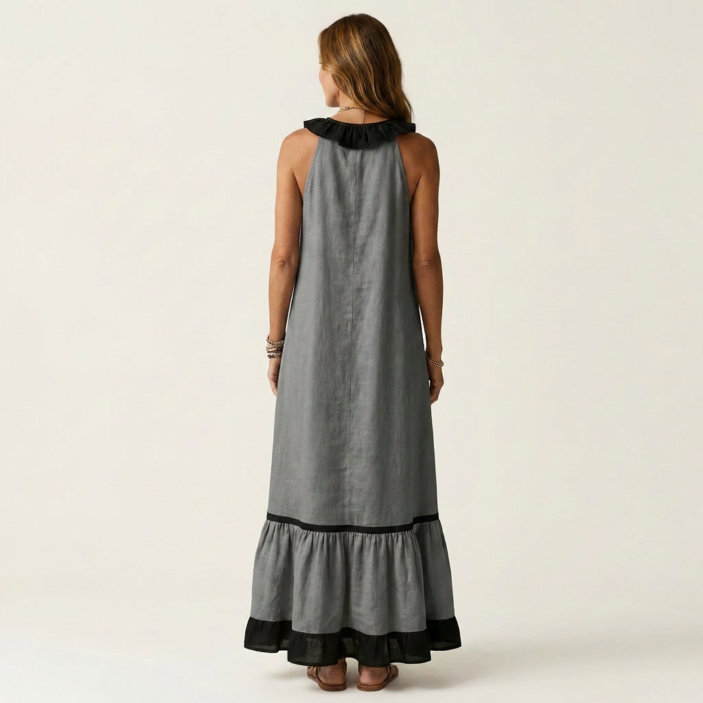 Mayline | Senza Maniche Ruffle-Neck Contrast-Trim Maxi Abito