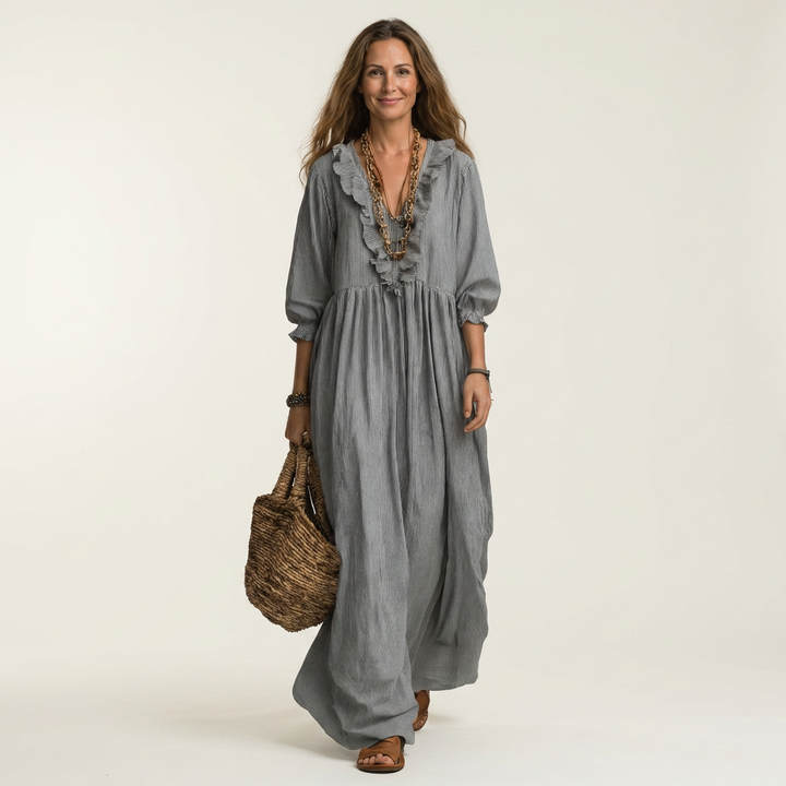 Yosetta | Ruffle Scollo a V a Righe Lantern-Sleeve Maxi Abito