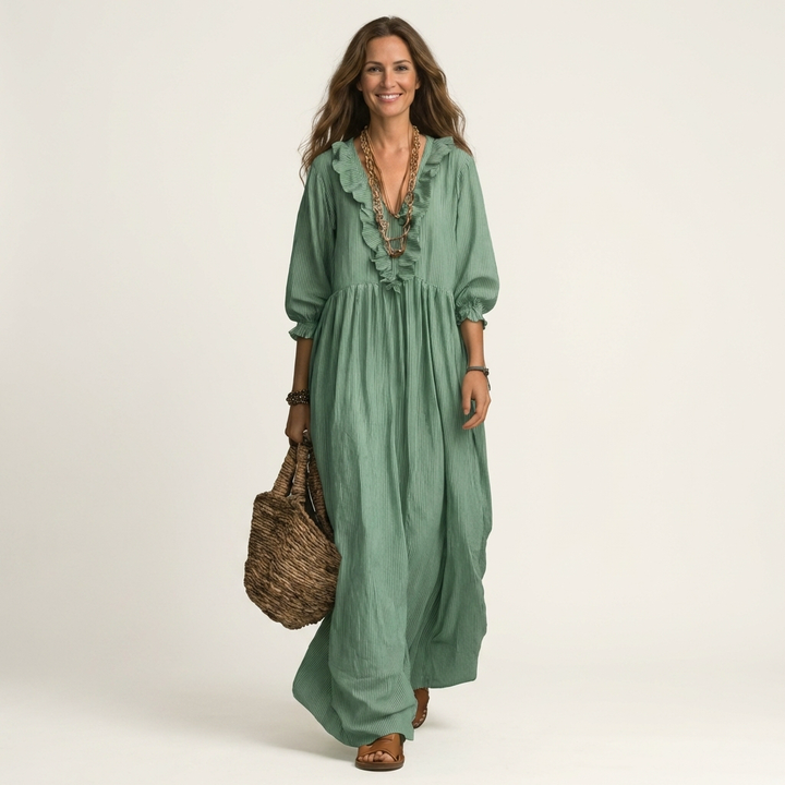 Yosetta | Ruffle Scollo a V a Righe Lantern-Sleeve Maxi Abito