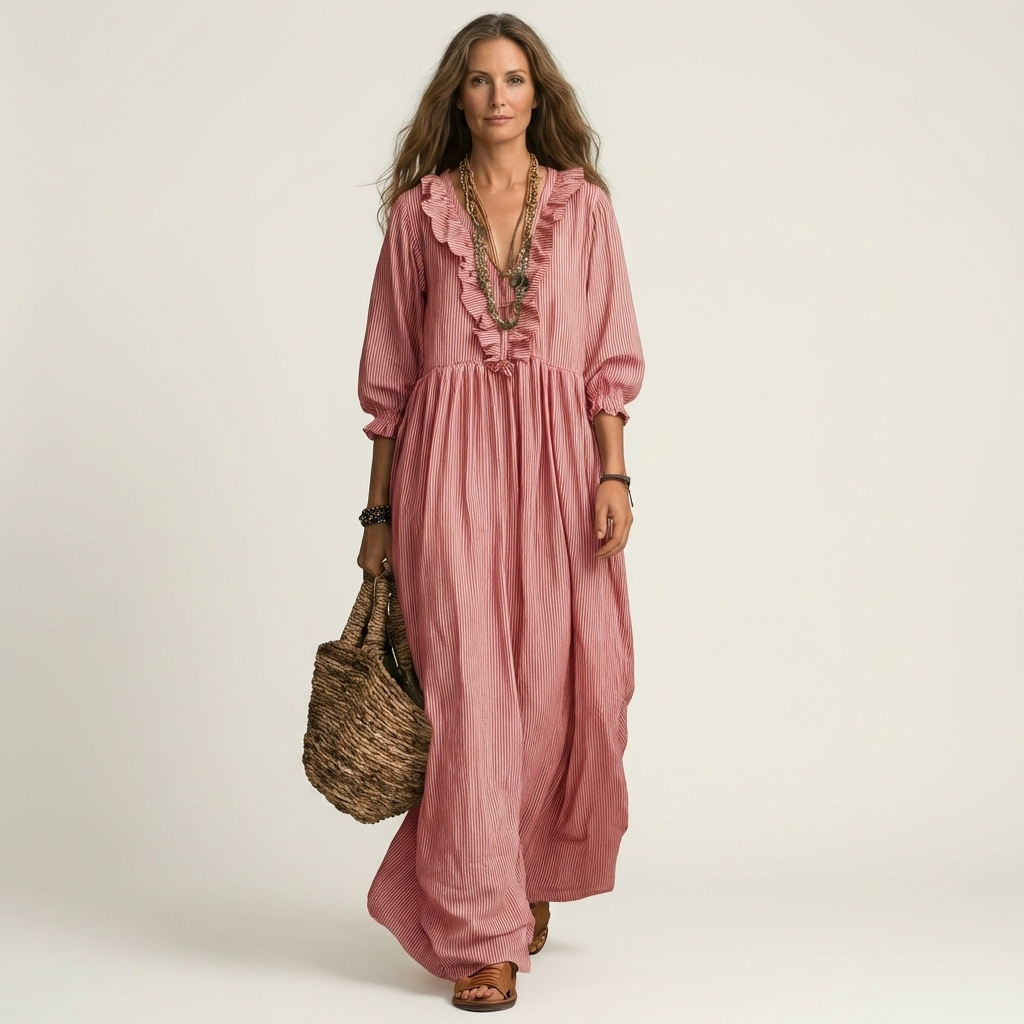 Yosetta | Ruffle Scollo a V a Righe Lantern-Sleeve Maxi Abito