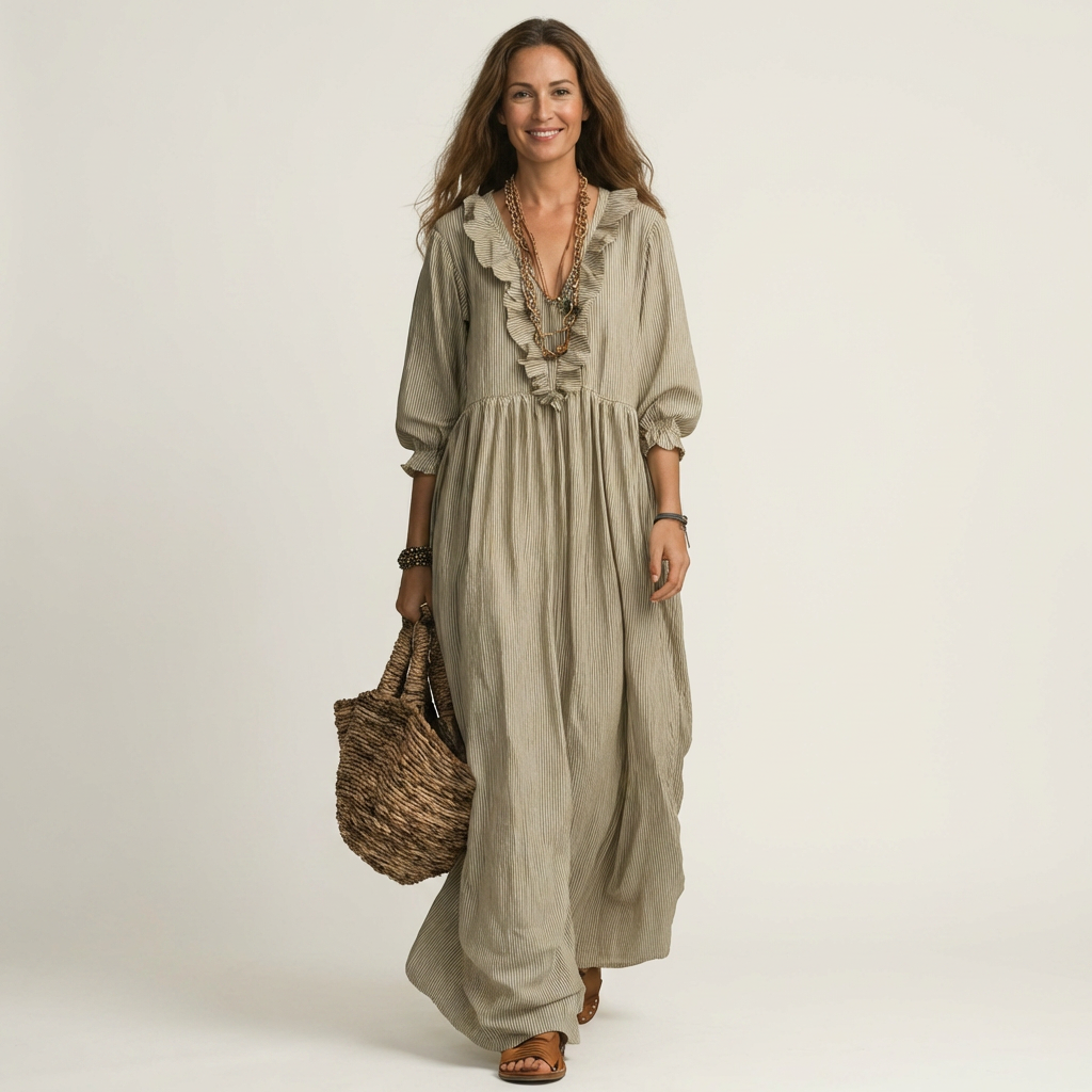 Yosetta | Ruffle Scollo a V a Righe Lantern-Sleeve Maxi Abito