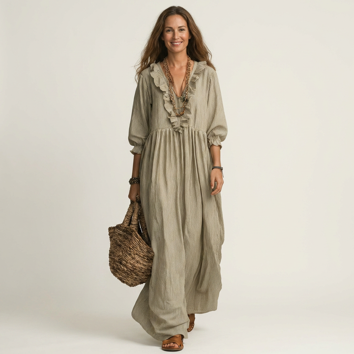 Yosetta | Ruffle Scollo a V a Righe Lantern-Sleeve Maxi Abito