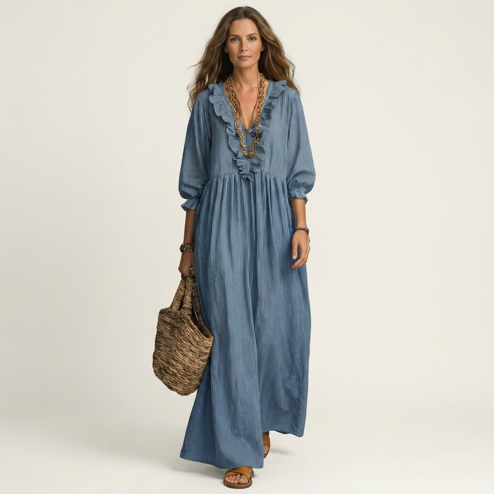 Yosetta | Ruffle Scollo a V a Righe Lantern-Sleeve Maxi Abito