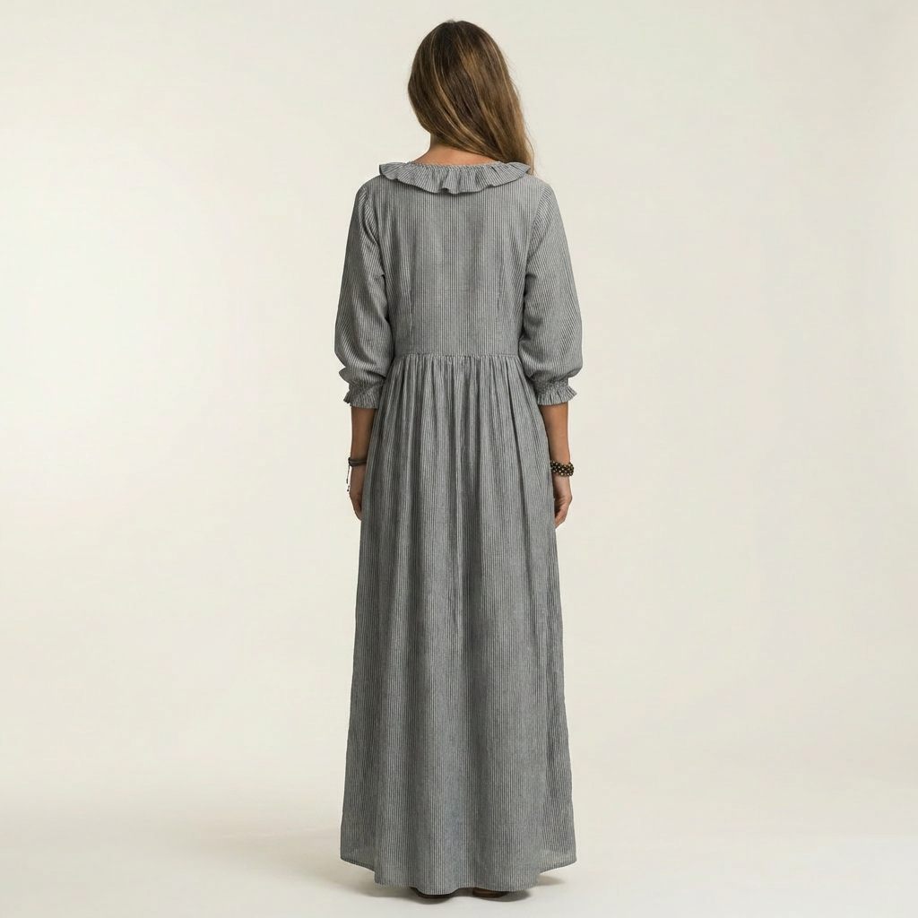 Yosetta | Ruffle Scollo a V a Righe Lantern-Sleeve Maxi Abito